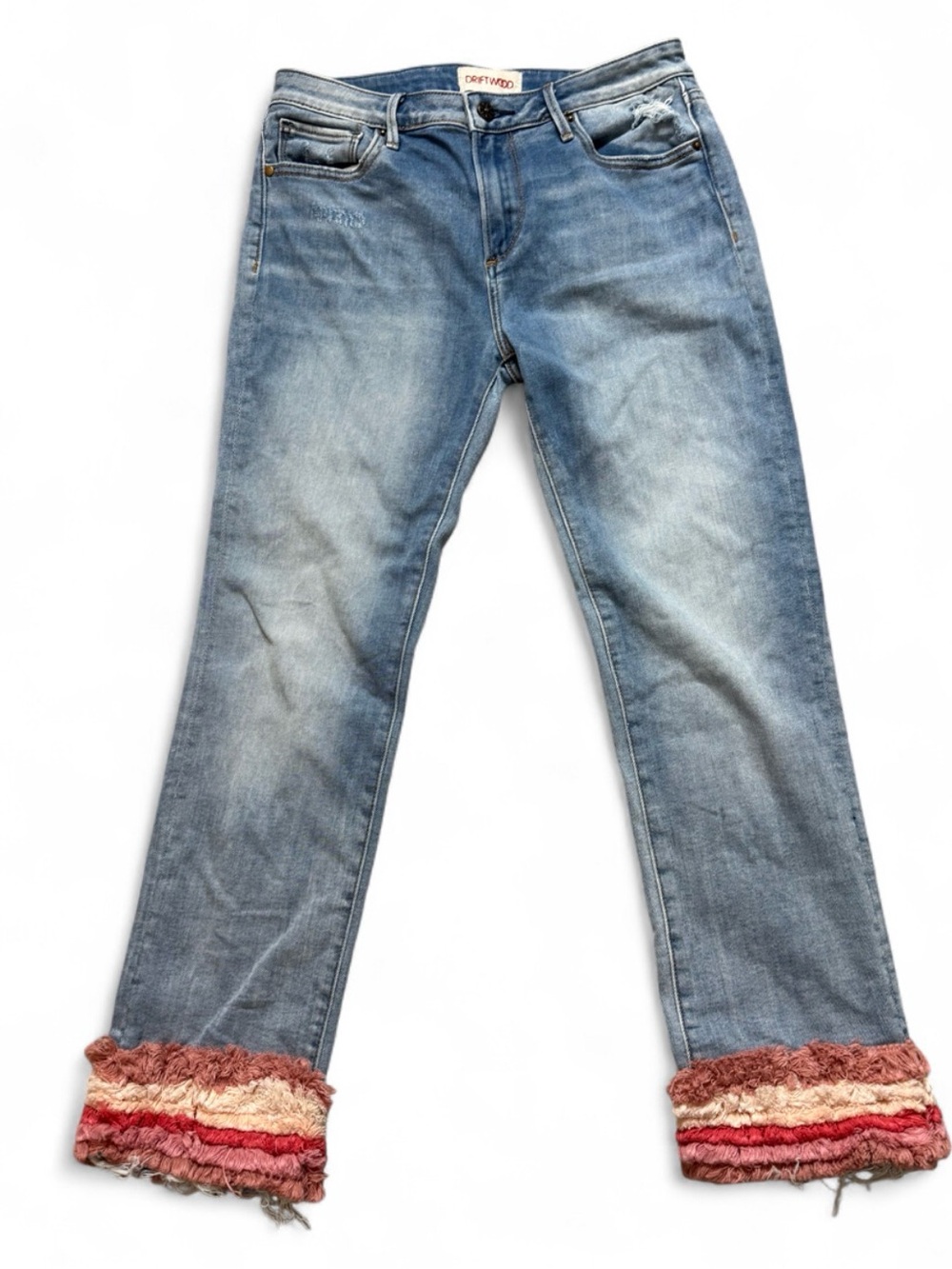 DRIFTWOOD Light Blue Flare Jeans with Pink & Cream Fringe Cuffs